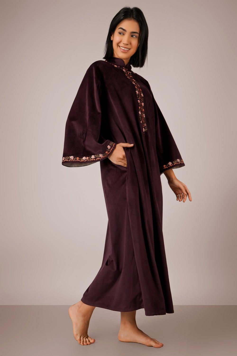 Cheryl Wine Velvet Kaftan with Hand Embroidery - Image 1