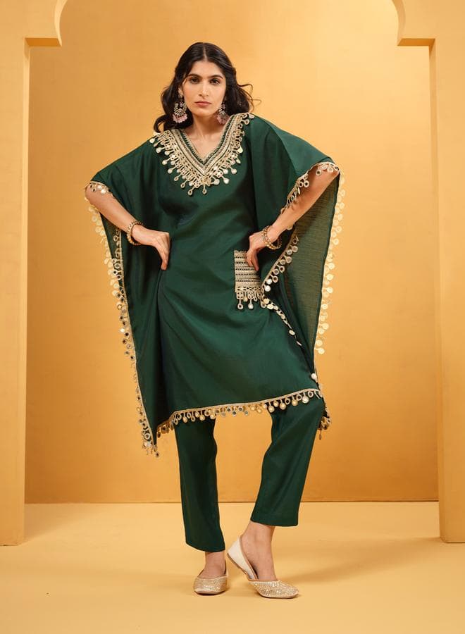 Women's Green Roman Silk Embellished A-Line Kurta Set - Image 1