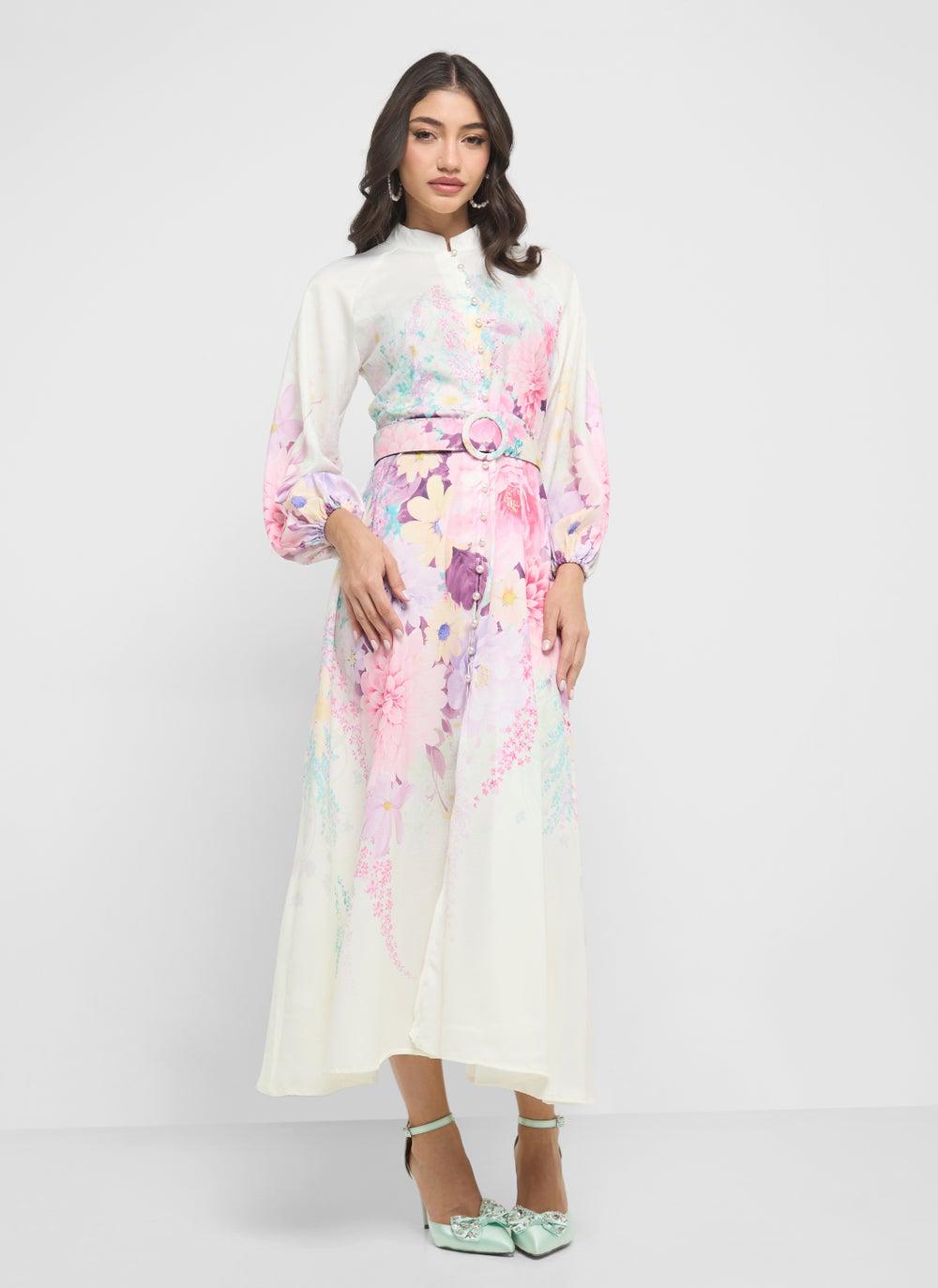 Floral Print Midi Dress with Belted Waist - Image 1
