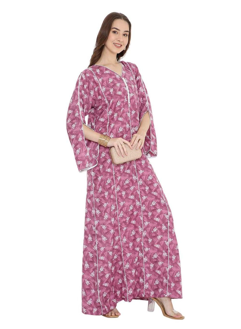 Printed Modest Long Sleeve Arabic Kaftan Jalabiya Dress - Image 1