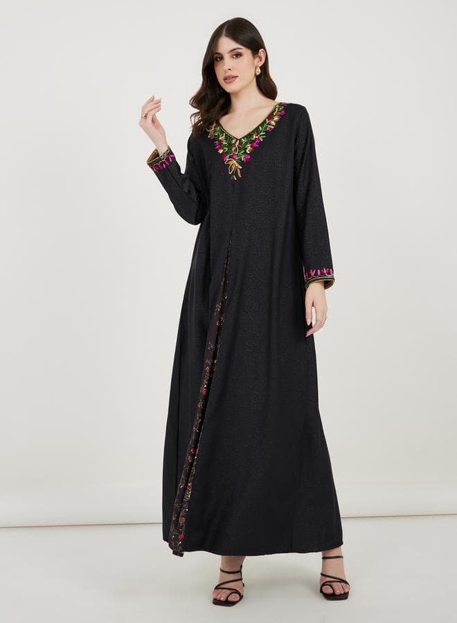 Embroidered V Neck Kaftan with Printed Panel - Image 1