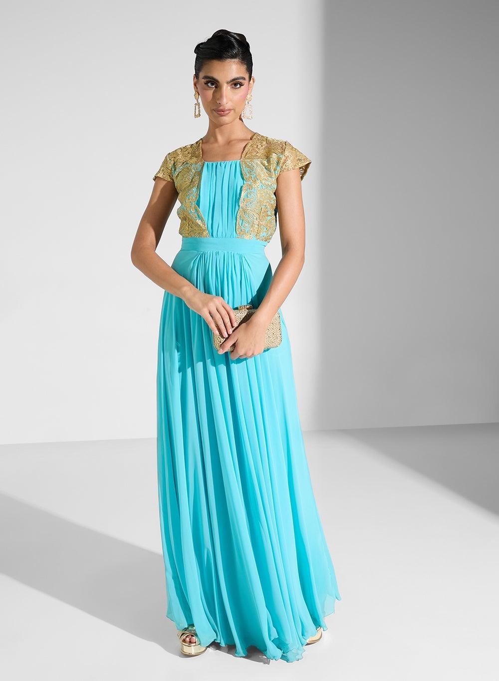 Aqua Chiffon Floor-Length Dress with Gold-Embroidered Jacket - Image 1