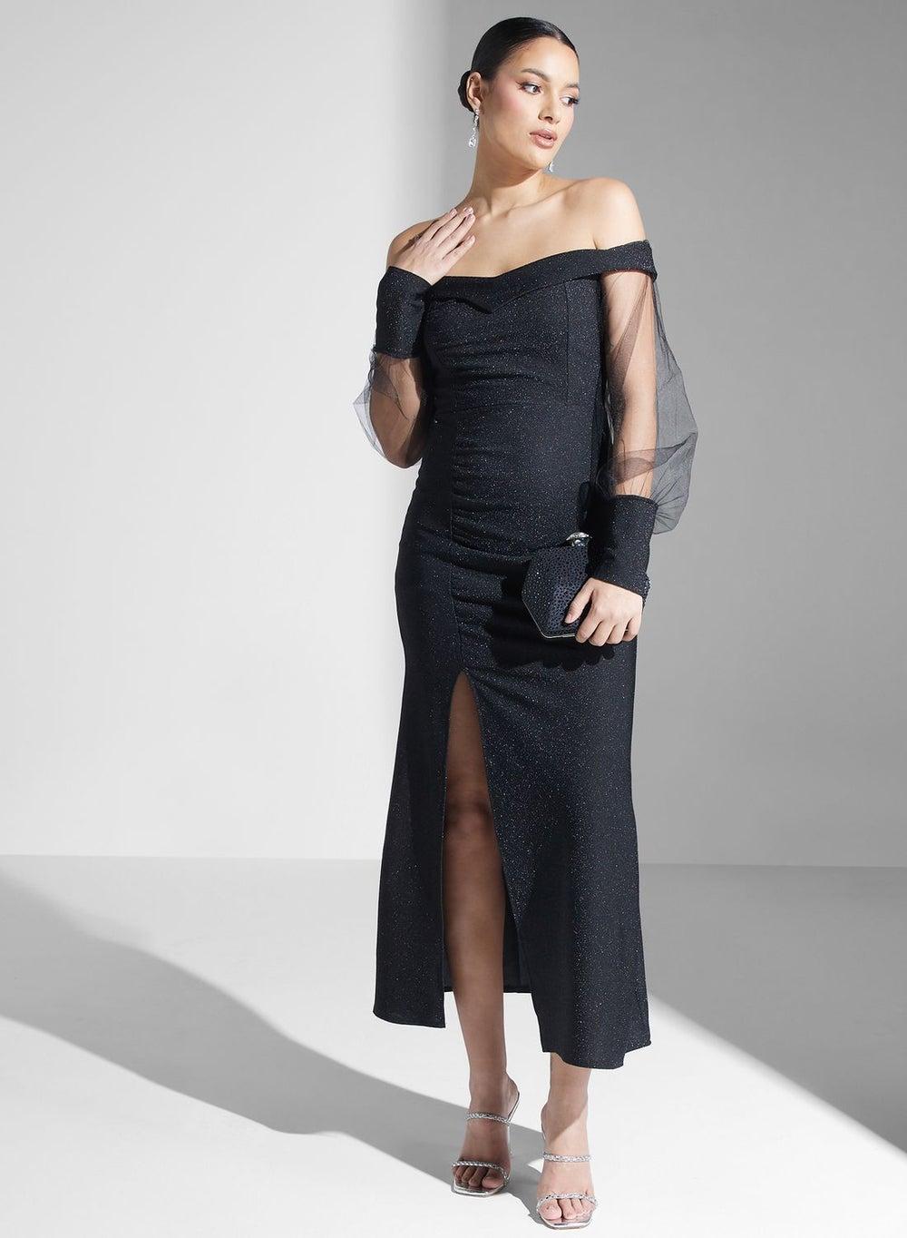 Off-Shoulder Slit Midi Dress with Sheer Sleeves - Image 1