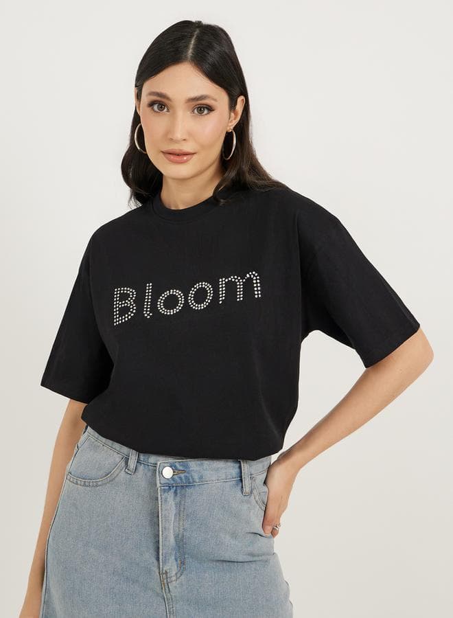 Oversized Rhinestone Slogan T-Shirt - Image 1