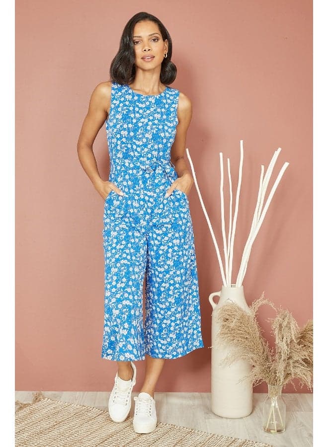 Mela Blue Ditsy Print Culotte Jumpsuit - Image 1