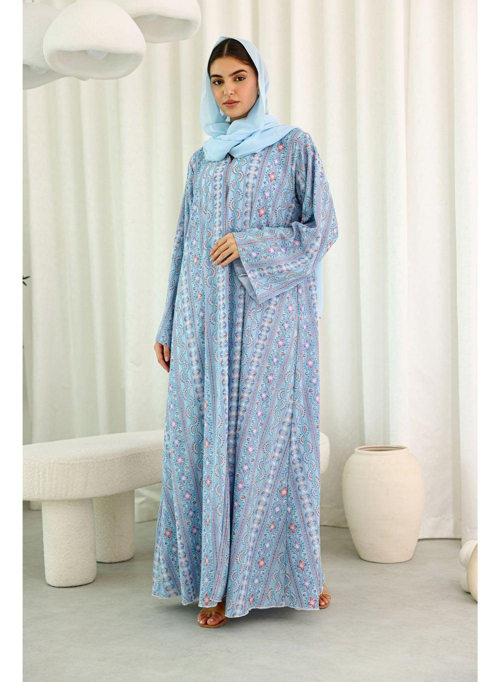 Maxi Cut Spring Printed Blue Abaya - Image 1