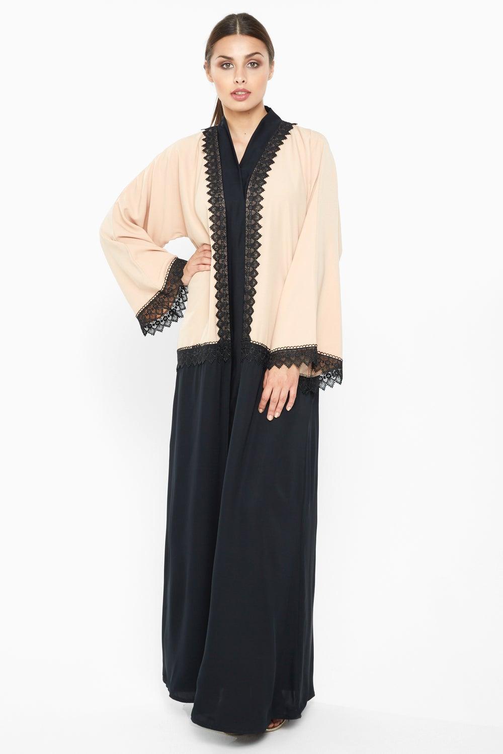 Duo-Colored Abaya with Black Stripe Lace Detail AJ663A - Image 1