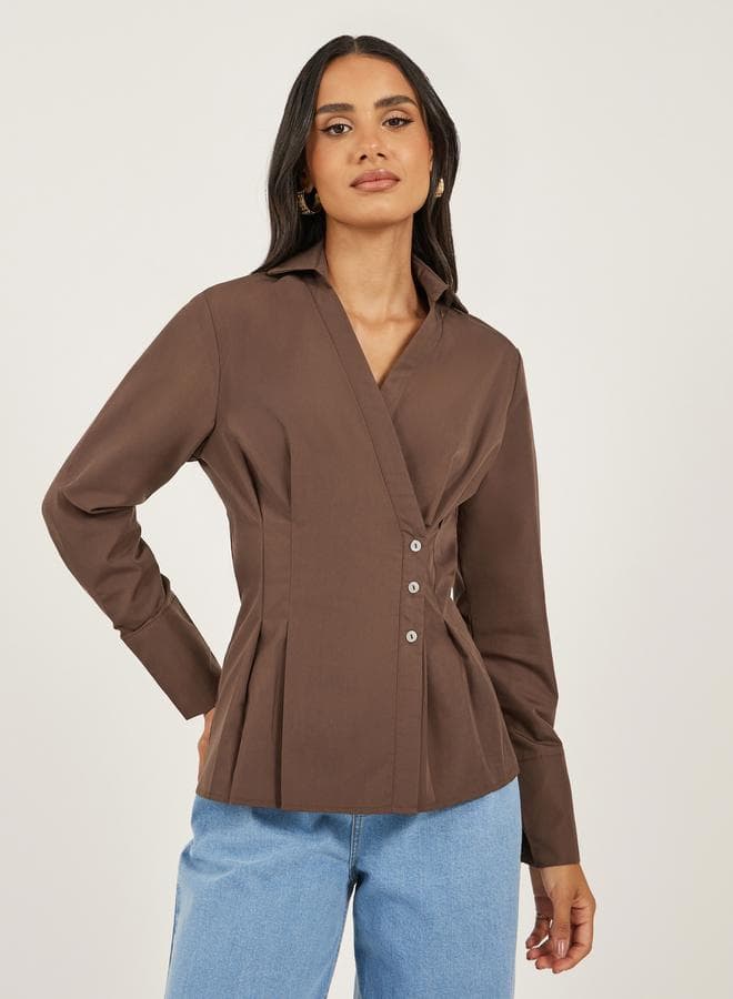 Brown Pleated Wrap Shirt for Women - Image 1