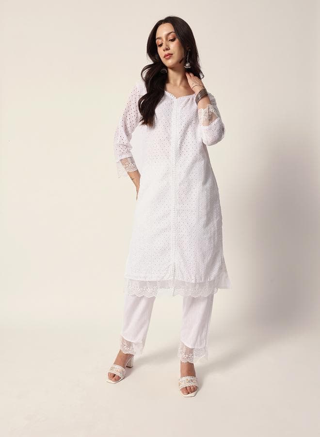 Women's White Cotton Textured Kurta Set with Palazzo - Image 1