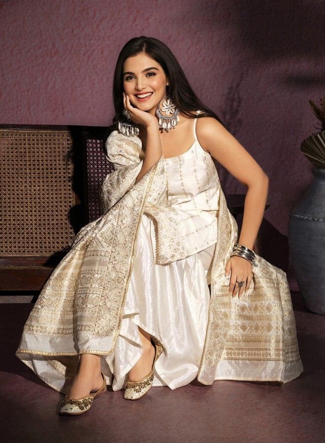 Off White Rayon Embellished Kurta Set with Palazzo - Image 1