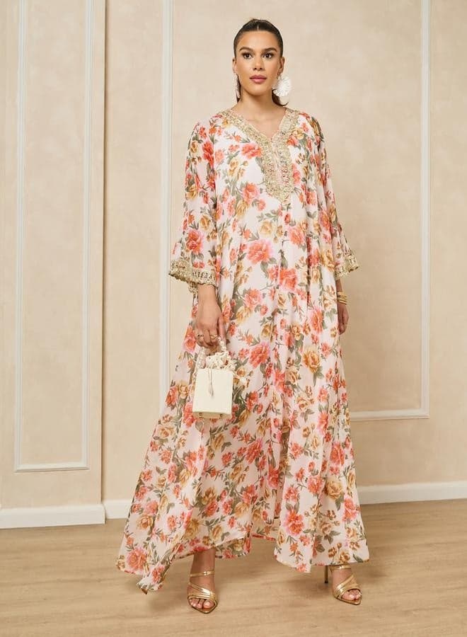 Floral Print Lace Trim V-Neck Flared Jalabiya - Image 1