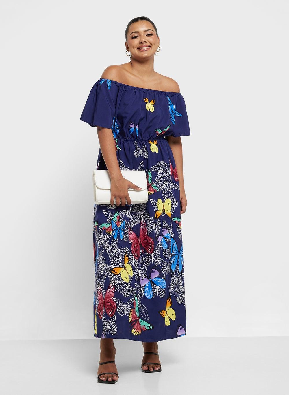 Navy Butterfly Print Off-Shoulder Maxi Dress - Image 1