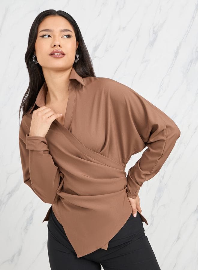 Collared Batwing Sleeves Wrap Top - Image 1