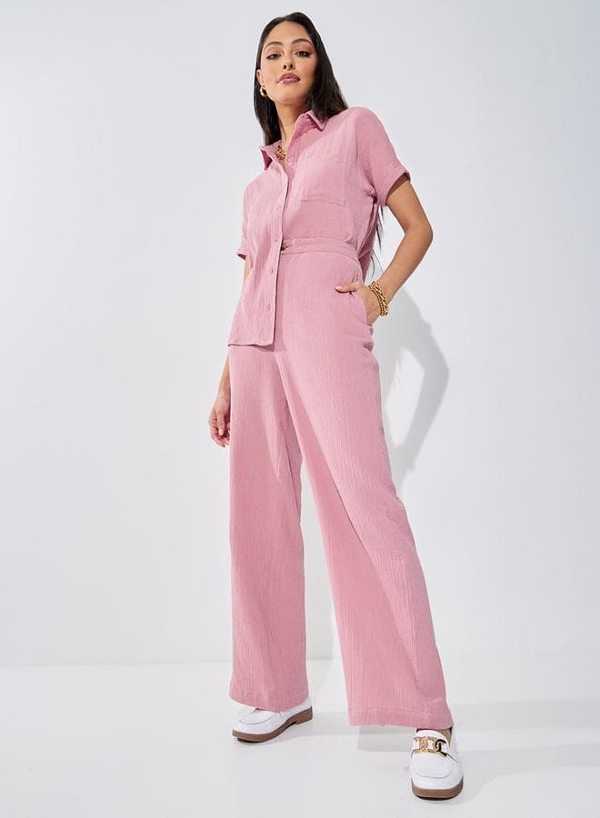 High Rise Wide Leg Textured Trouser - Image 1