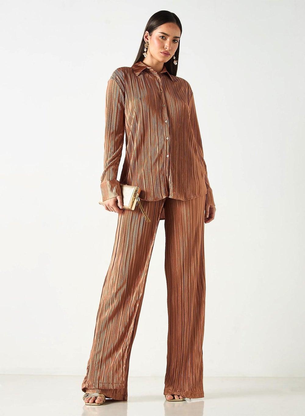 Pleated Long Sleeve Shirt with Wide Leg Wrap Pants - Image 1