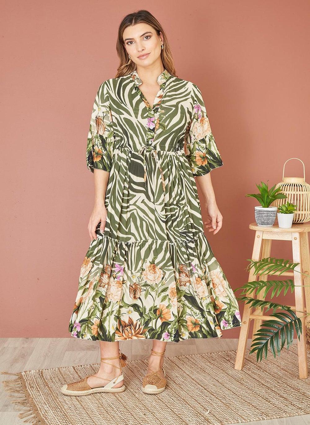 Floral Safari Midi Dress with Cinched Waist - Image 1