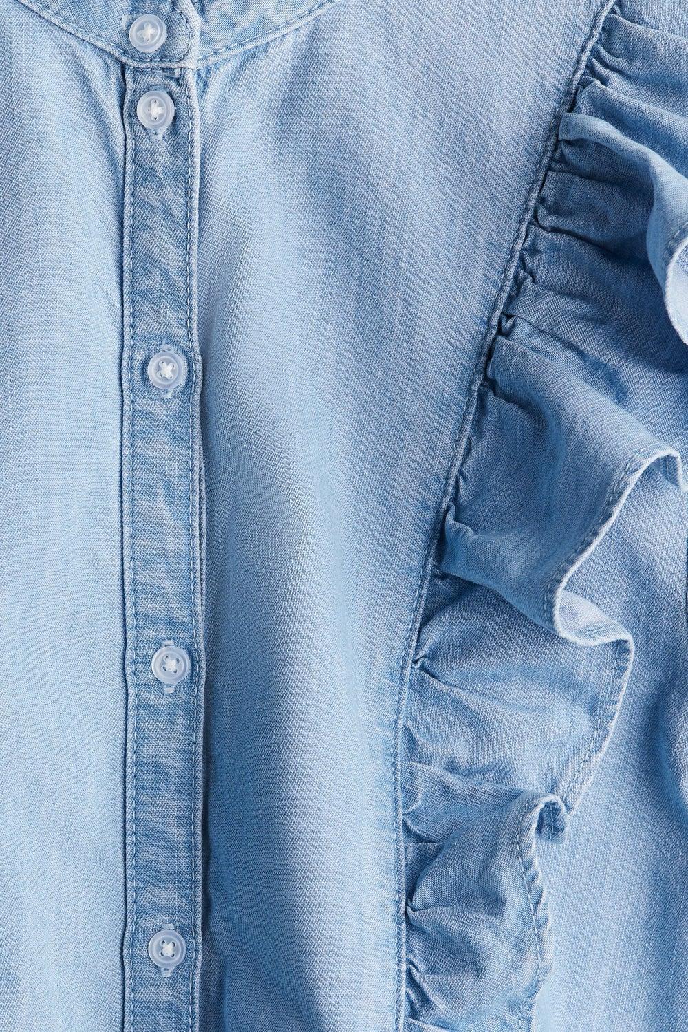Frill-Trimmed Denim Blouse with Balloon Sleeves - Image 1
