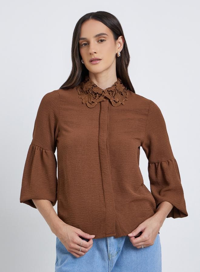 Lace Collar Placket Relaxed Fit Shirt - Image 1