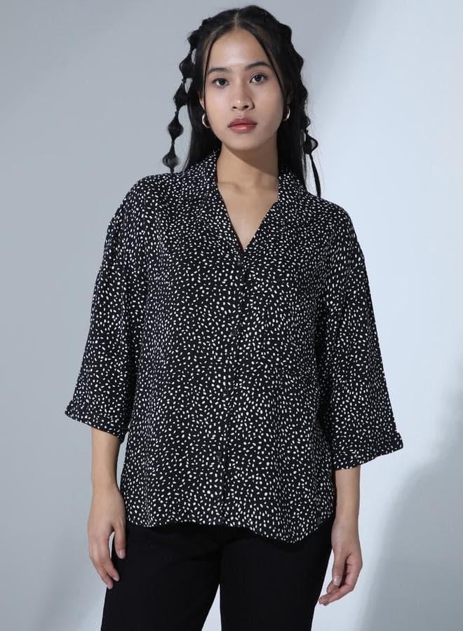 Black Geometric Print Oversized Party Shirt for Women - Image 1