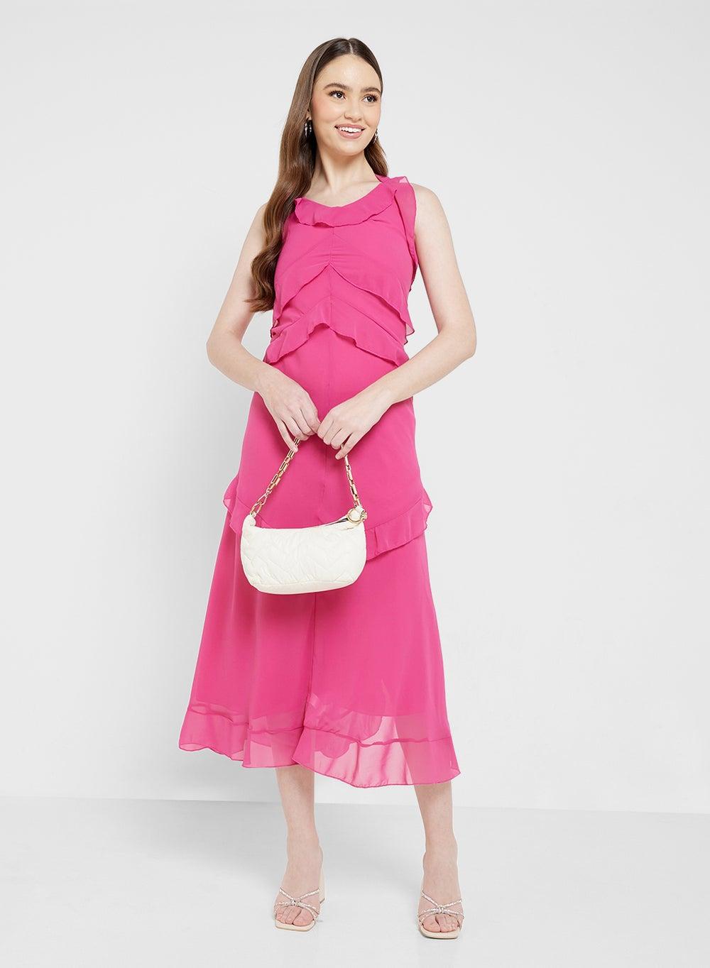 Pink Ruffled Chiffon Midi Dress - Image 1