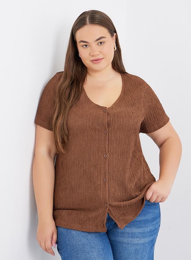 Plus Brown Textured Front Button Blouse - Image 1