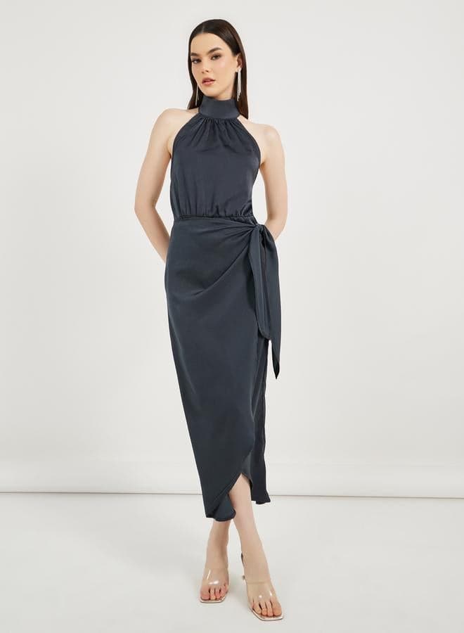 Halter Neck Midi Dress with Draped Side Tie - Image 1