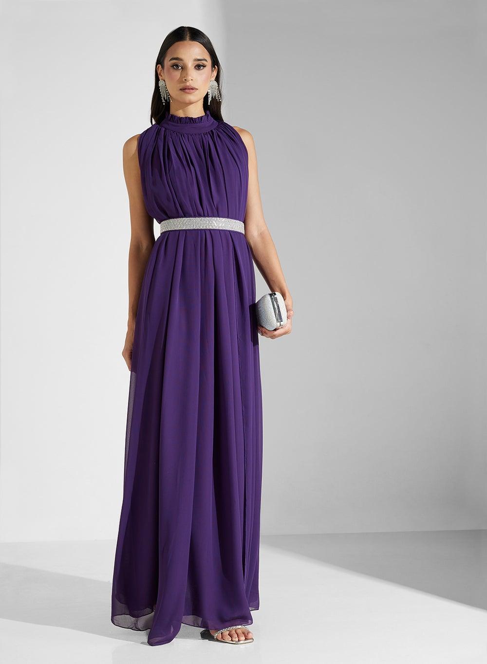 Pleated Chiffon Floor-Length Dress with Silver Belt - Image 1