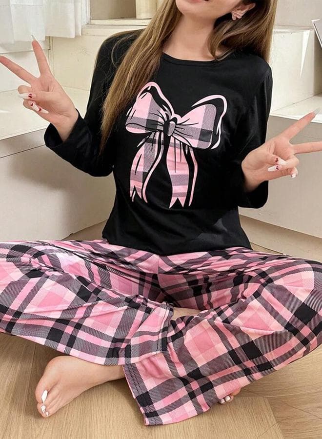 Take Two Bow Print Checked Long Sleeve Pyjama Set - Image 1