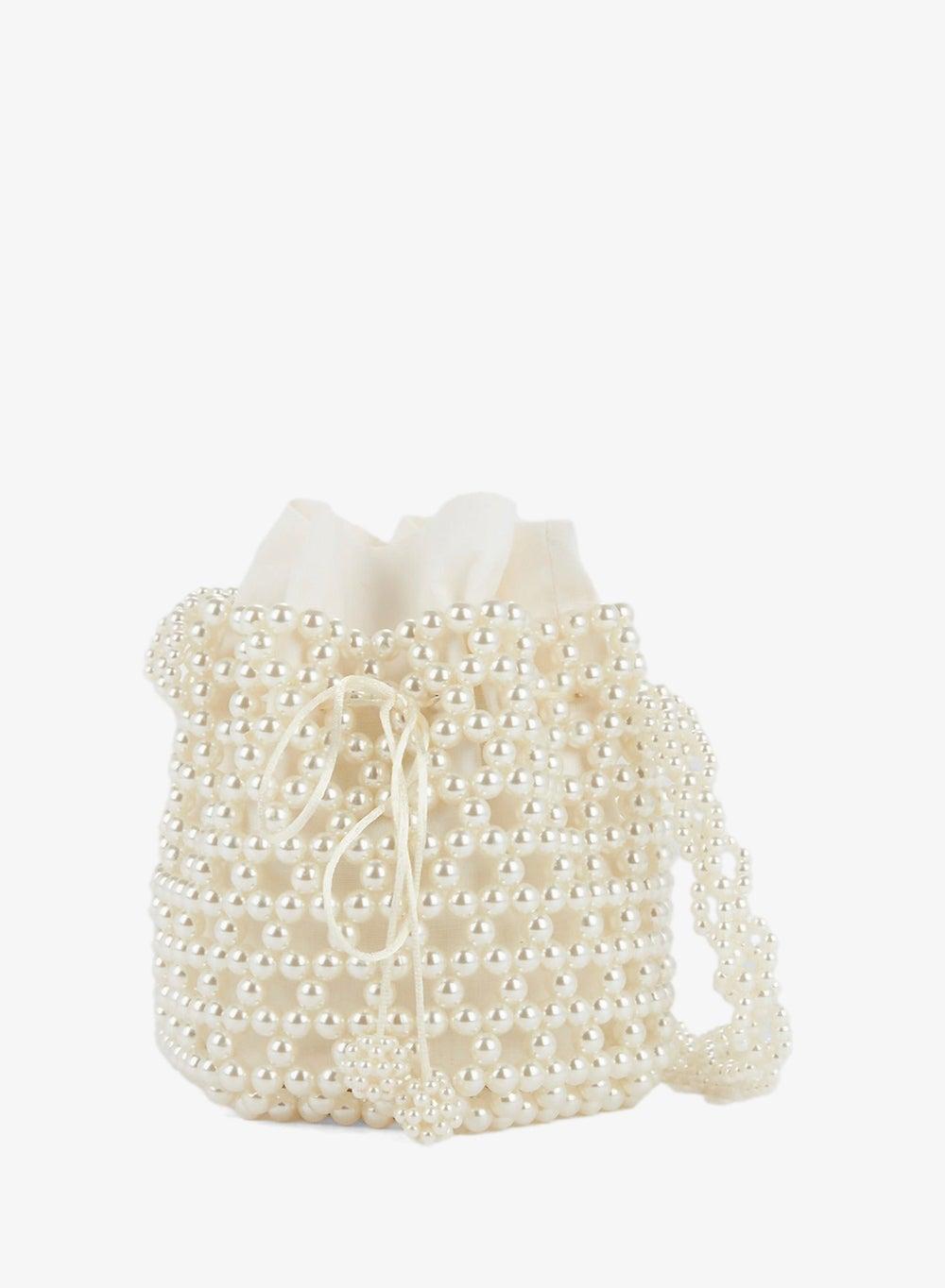 White Pearl Embellished Bucket Crossbody Bag - Image 1