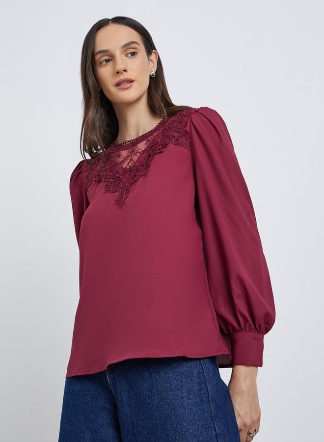 Lace Insert Balloon Sleeve Blouse - Image 1