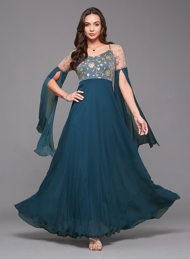 Teal Floral Embroidered Maxi Dress - Image 1