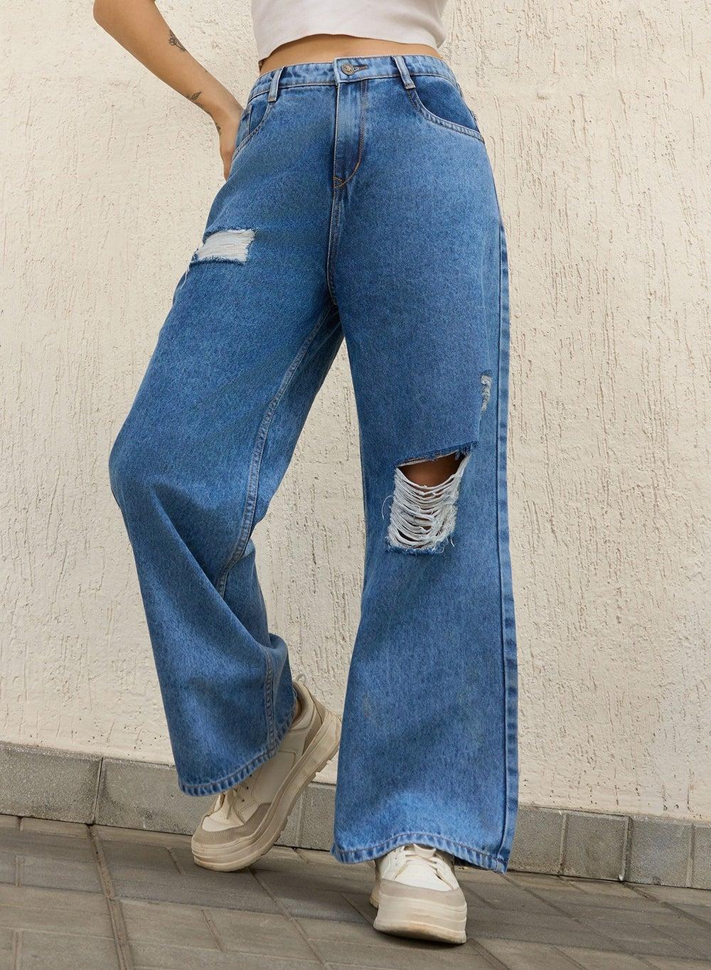 Indigo High-Rise Distressed Baggy Jeans for Women - Image 1
