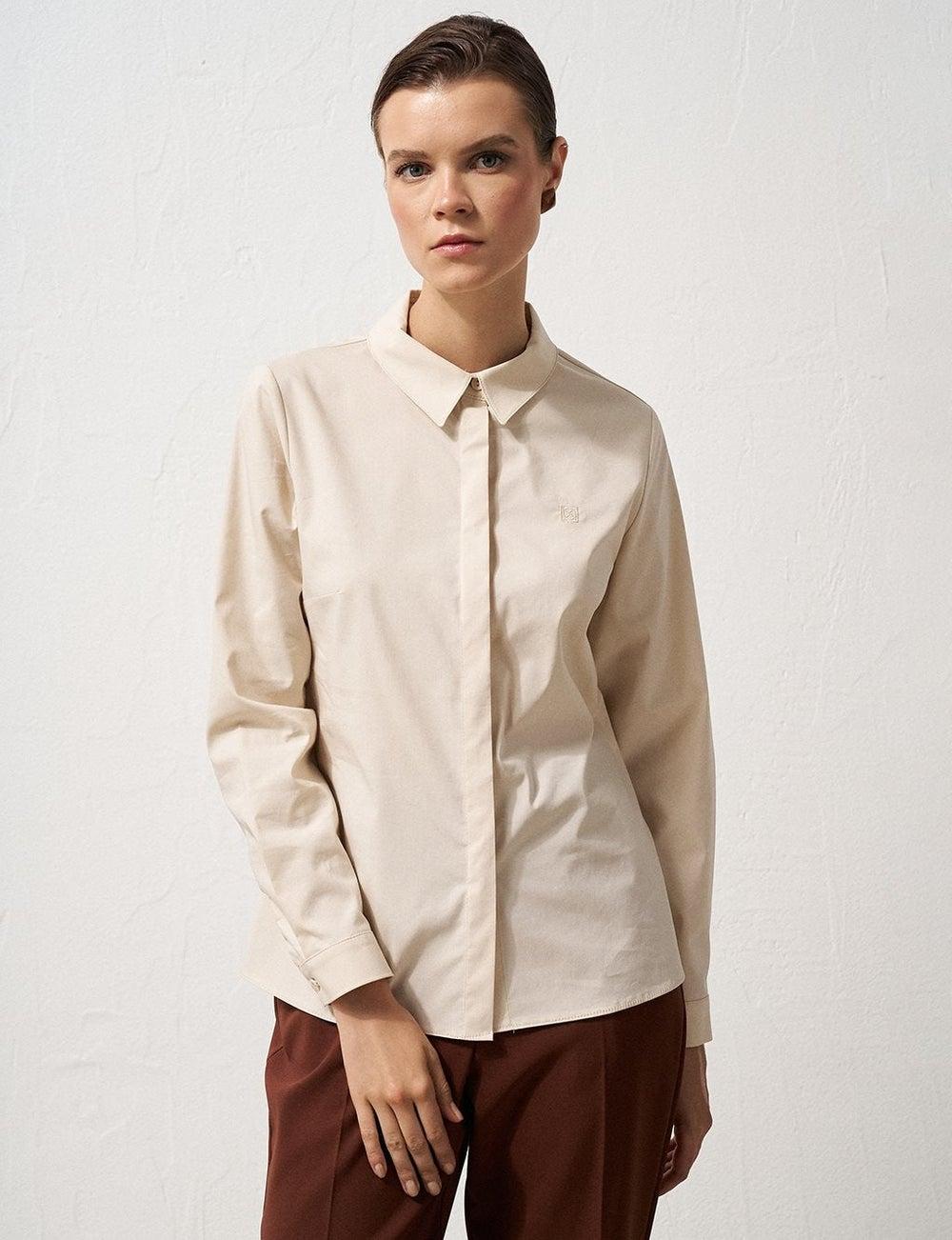 Cream Shirt Collar Poplin Tunic with Pleated Cuffs - Image 1