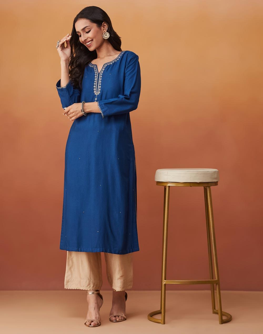 Blue Viscose Silk Slim Fit Embroidered Kurta - Image 1