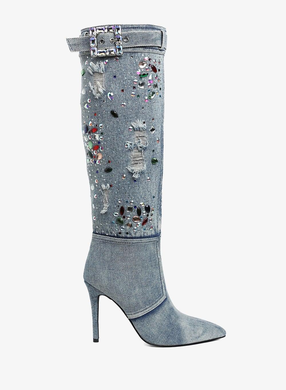 Multi Color Stones Denim Knee Boots - Image 1