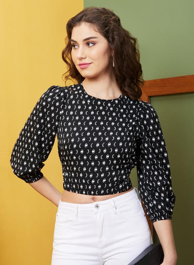 Abstract Print Puff Sleeve Crop Blouse - Image 1