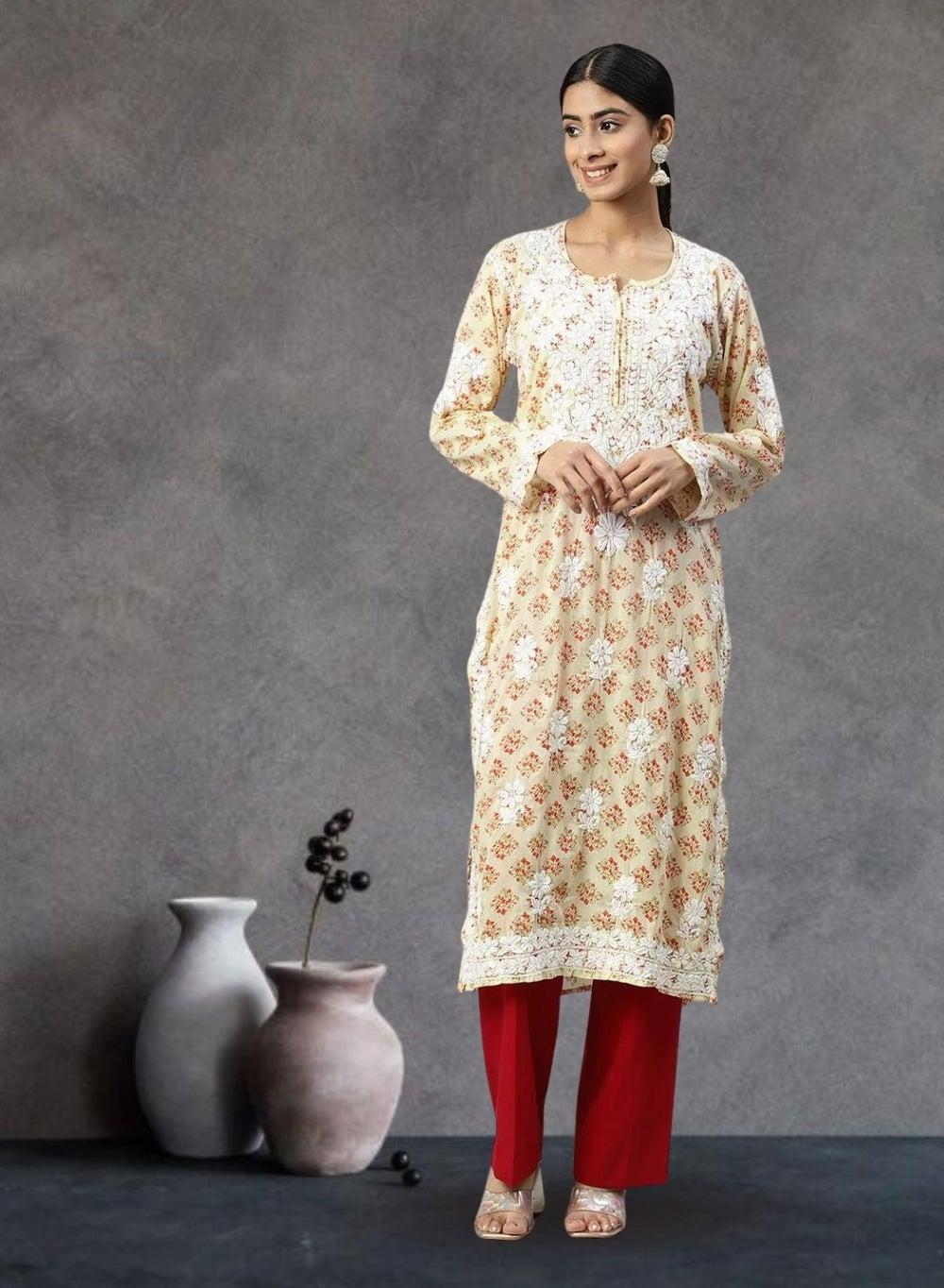 Women Hand Embroidered Chikankari Cotton Kurta AL3649 - Image 1