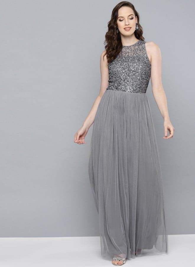 Grey Embellished Maxi Dress for Women - Image 1