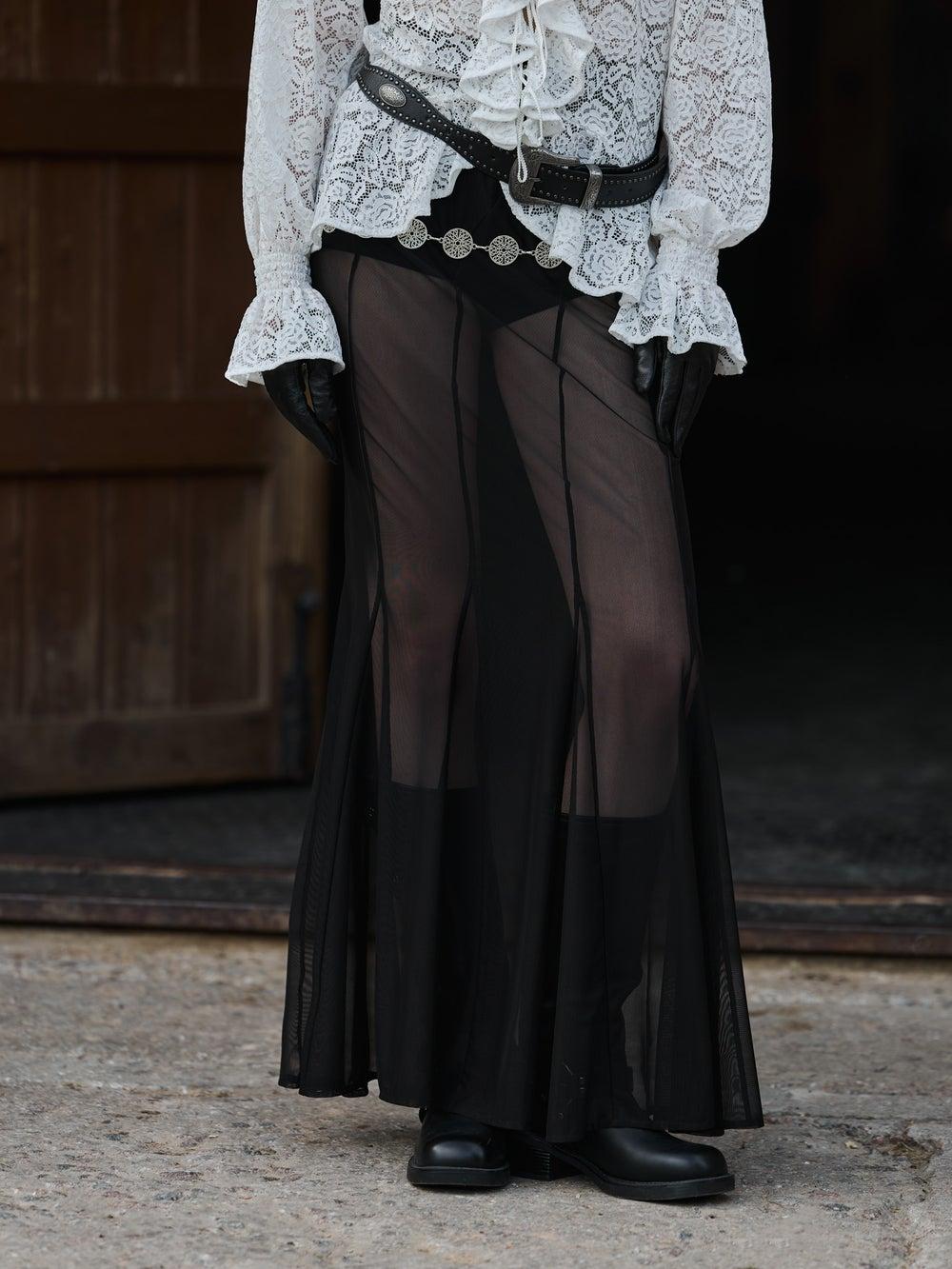 Semi-Transparent High-Waisted Flared Maxi Skirt - Image 1