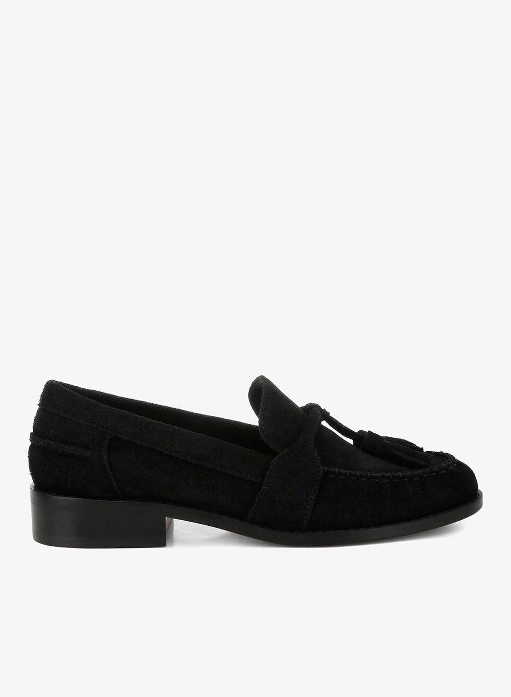 Black Suede Tassel Loafers with Low Block Heel - Image 1