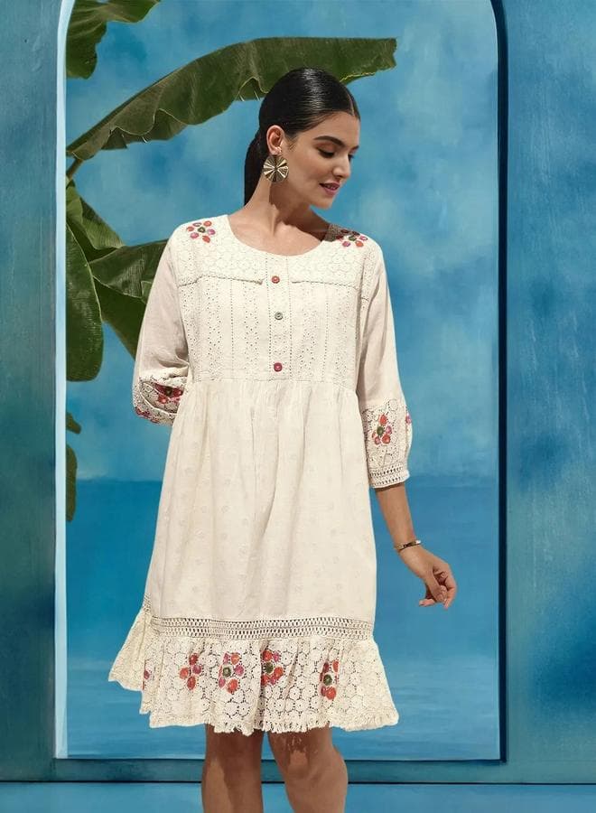 Off-White Cotton Printed Midi Smock Dress - Image 1