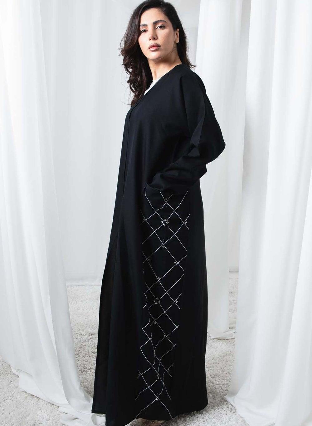 Classic Black Embroidered Pocket Abaya with Side Panel Detail - Image 1