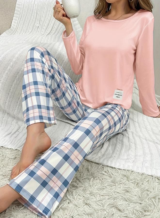 Take Two Patch Detail Checked Long Pyjama Set - Image 1