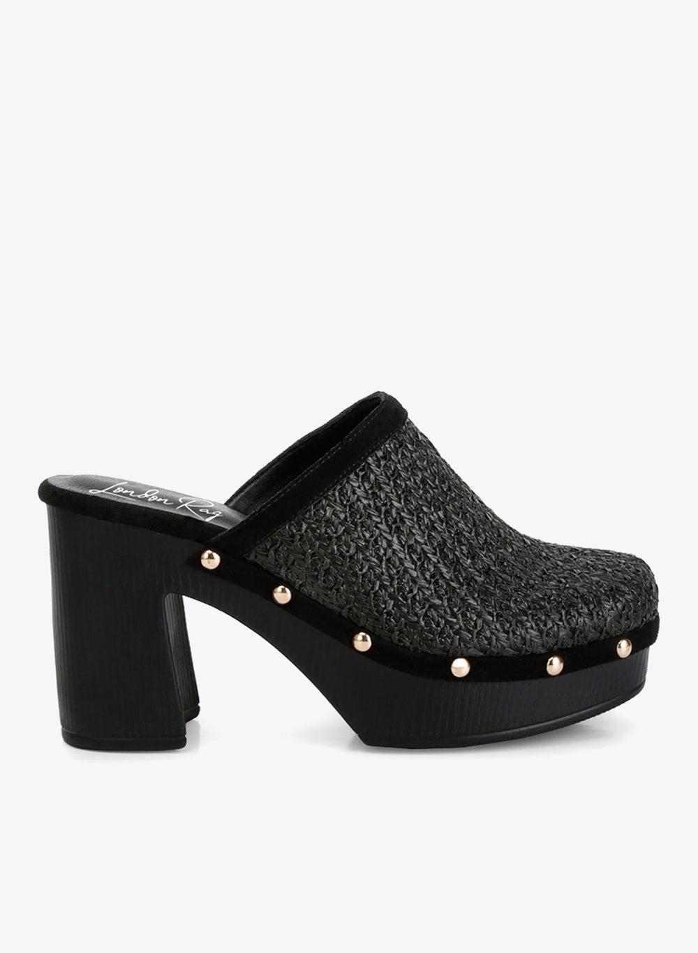 Black Raffia Platform Clogs with Studded Detail - Image 1