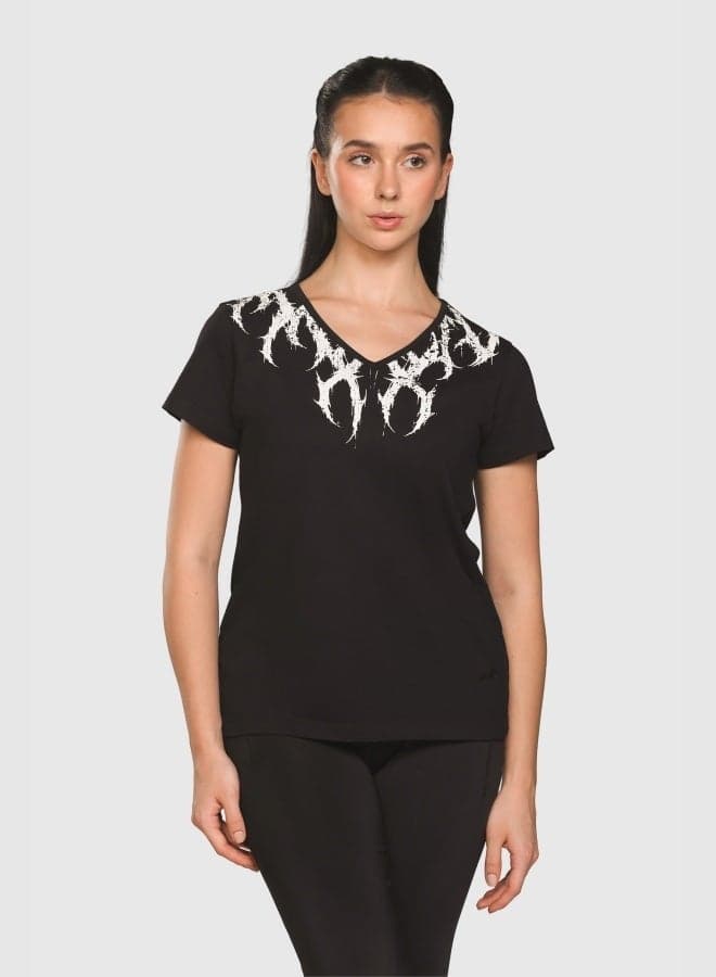 Women's Printed V-Neck Tee with Soft Stretch Comfort - Image 1