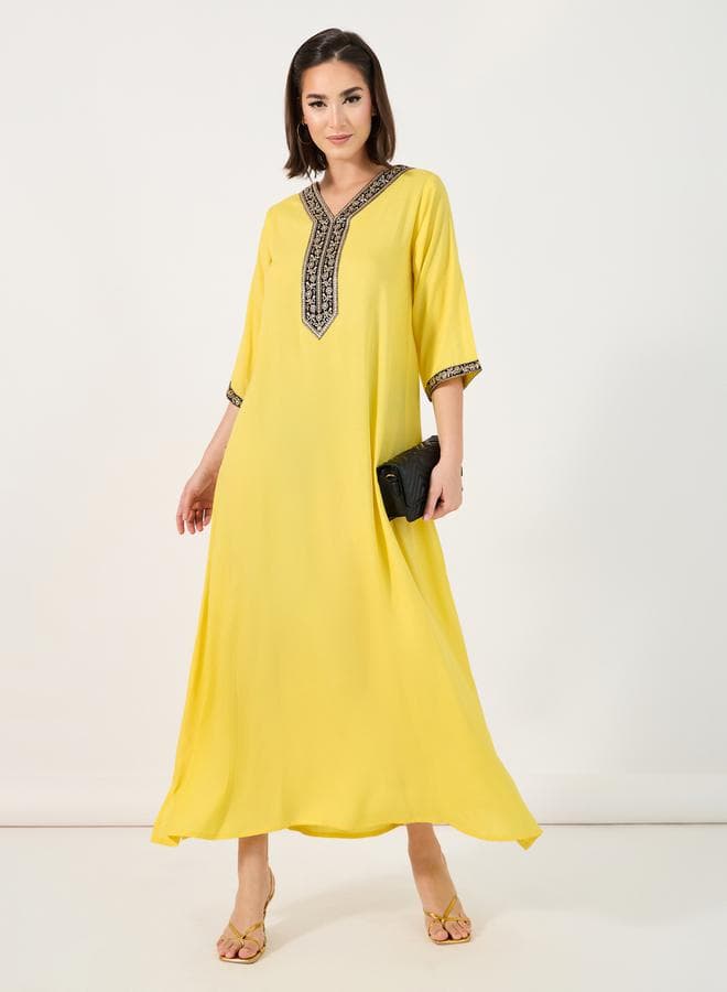 Styli Embroidered V-Neck Jalabiya with 3/4 Sleeves - Image 1