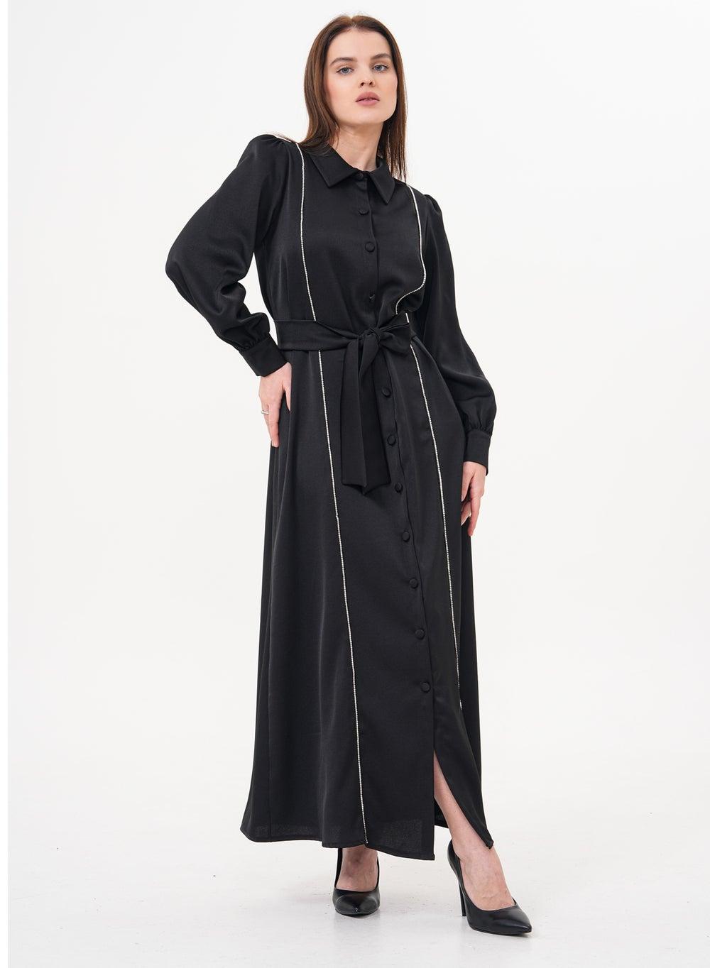 Belted Long Shirt Dress with Button-Down Front - Image 1