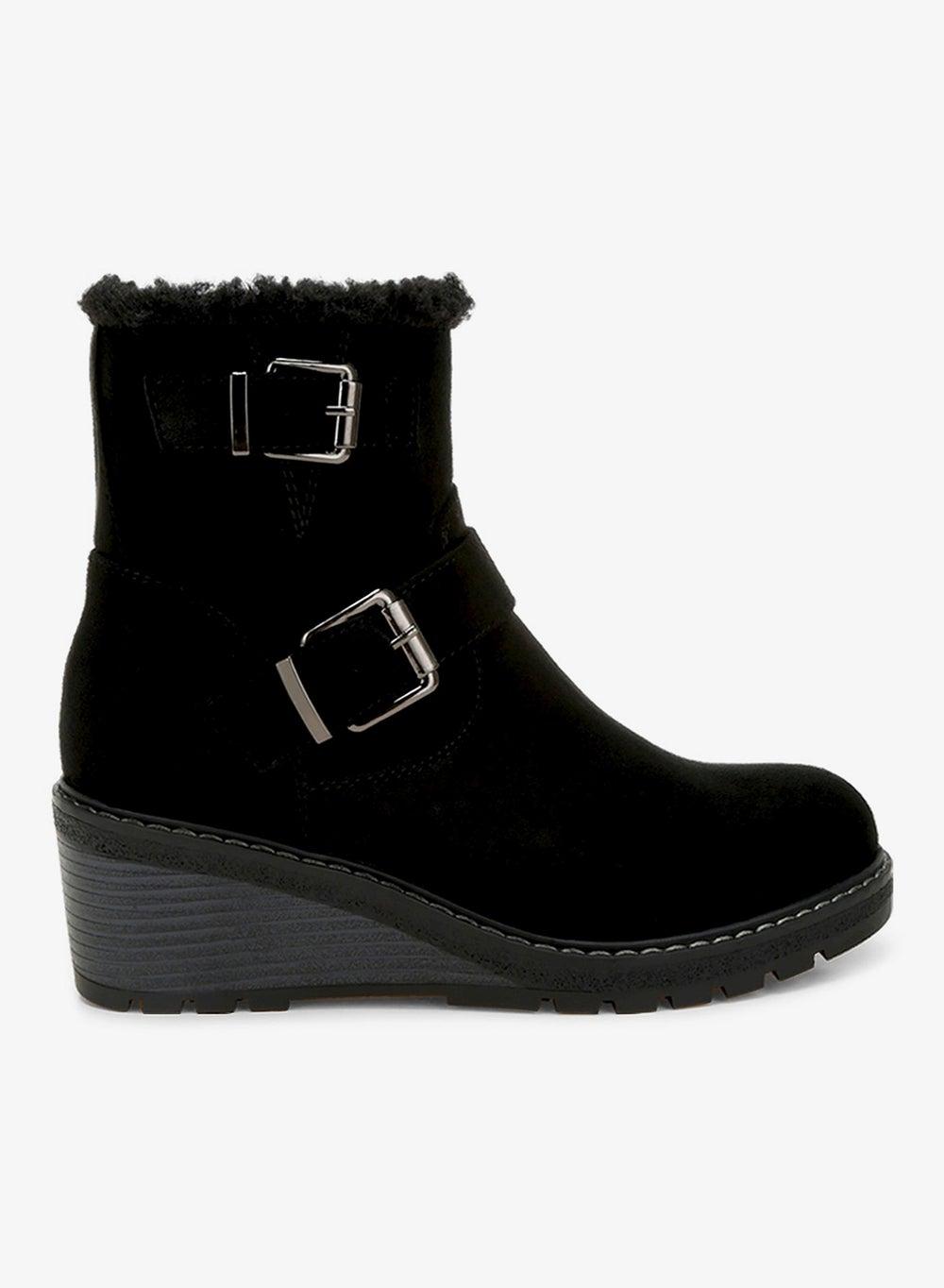 Black Faux Fur Harness High Ankle Boots - Image 1