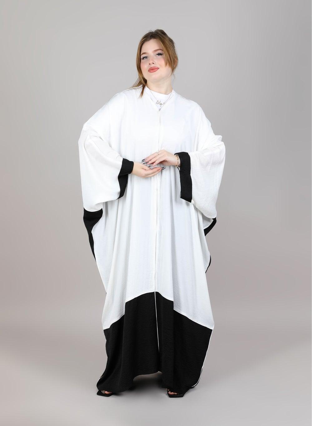 MSquare Fashion V Neck White Black Harir Maqsood Bisht Abaya - Image 1