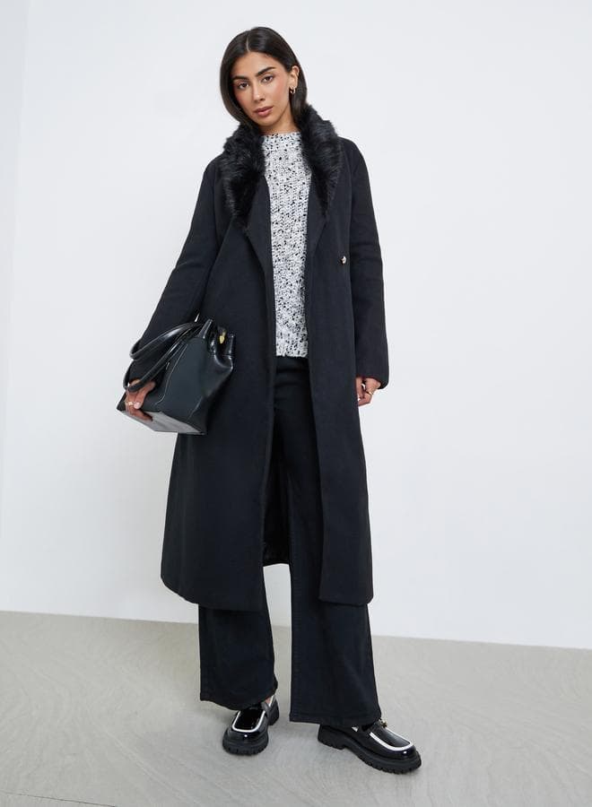 Black Wool-Like Belted Coat with Faux Fur Trim - Image 1